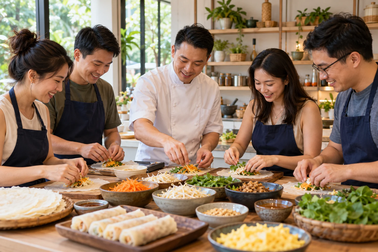 Illustration of a hands-on Singapore cooking workshop
